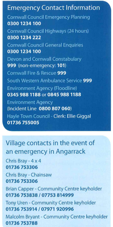 Emergency Contacts - Angarrack Flood Plan 2018